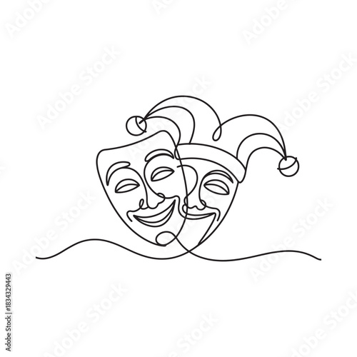 Continuous line drawing of comedy and tragedy masks with jester hat