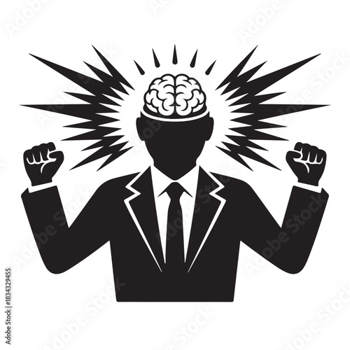 Silhouette of businessman with glowing brain and power