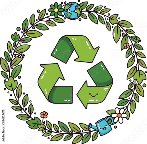 Whimsical recycling symbol embraced by a leafy wreath with a happy Earth and watering can