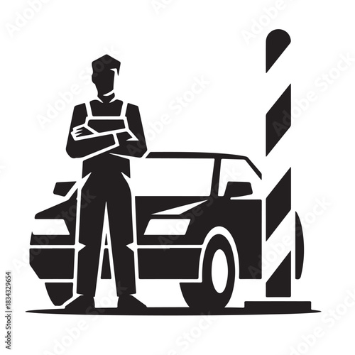 Mechanic standing by car near barrier white