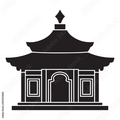 Black and white silhouette of an asian temple building