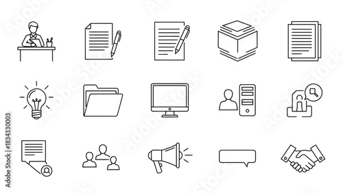 Business office document file folder lightbulb computer server team communication agreement icons vector set, line vector illustration