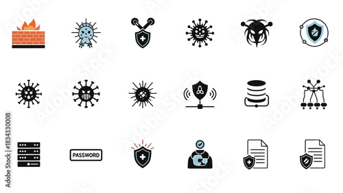 Firewall virus shield security data protection server password network threat defense system antivirus safety, line vector illustration