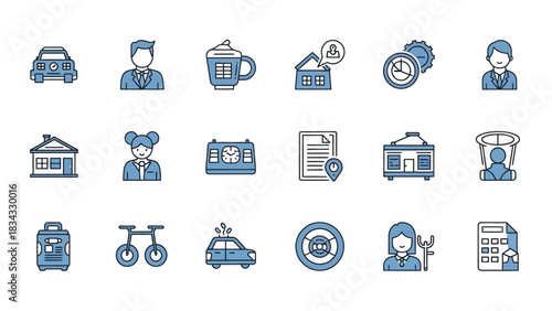 Business car coffee house time document location travel bike police target worker calculator icons vector, line vector illustration