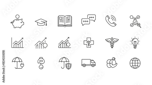 Diagram showing business finance education medical insurance delivery and global communication icons set vector, line vector illustration