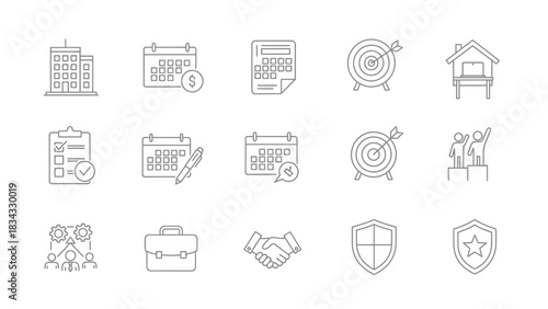 Business calendar target checklist building teamwork handshake shield success office planning security, line vector illustration