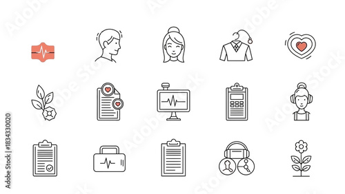 Healthcare medical health doctor patient heart clipboard monitor report medicine wellness treatment pulse, line vector illustration