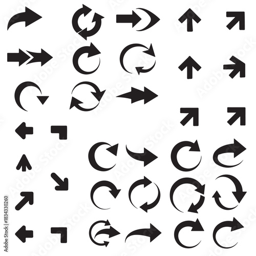 Variety of black arrow vector shapes direction pointers on white backdrop