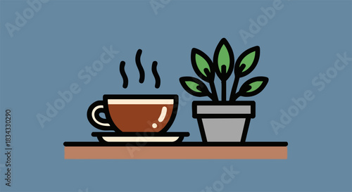 Hot coffee cup and potted plant sitting on a shelf in a simple vector illustration