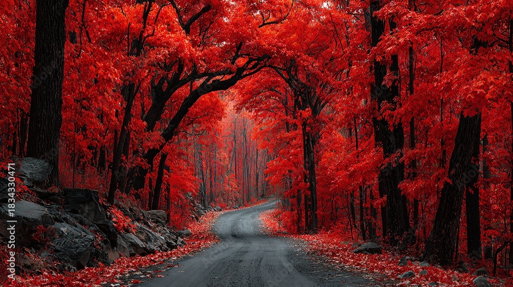 custom made wallpaper toronto digitalClose-up of a Dramatic Tunnel Formed by Intense Red Autumn Trees Overhanging a Road, Ethereal Scene, Vertical View Inside a Forest Corridor Created by Dense Red Foliage, Focus on Depth and Color.