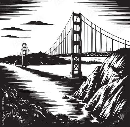 A striking black and white illustration captures the iconic Golden Gate Bridge spanning a body of water with dramatic lighting.