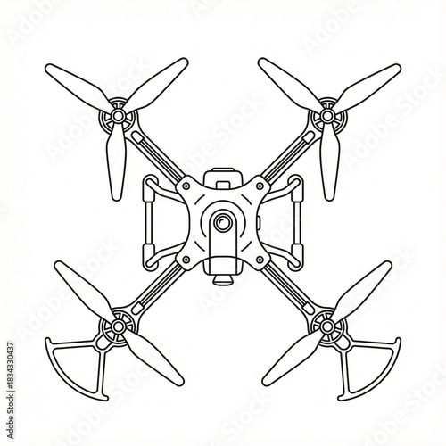 Black and white vector illustration of a quadcopter drone shown from a clean top view, featuring simplified rotor shapes, symmetric contour lines, and no shading, ideal for technology, aviation, and s