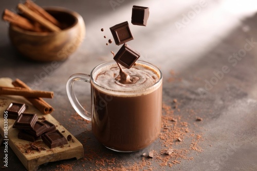 Steaming hot mug of frothy chocolate drink with cinnamon sticks and falling chocolate cubes, wooden bowl of spices on rustic wooden surface, warm cozy atmosphere