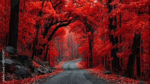 Wallpaper Mural Close-up of a Dramatic Tunnel Formed by Intense Red Autumn Trees Overhanging a Road, Ethereal Scene, Vertical View Inside a Forest Corridor Created by Dense Red Foliage, Focus on Depth and Color. Torontodigital.ca