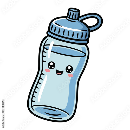 A plastic sports water bottle with, cute doodle style, transparent background.