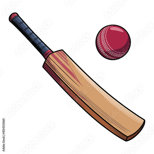 A cricket bat and red ball with motion blur, illustrated, transparent background.