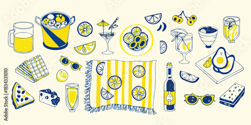 Summer picnic still life with citrus fruit drinks and beach accessories