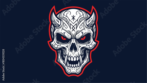 Intense demonic skull illustration with horns and intricate details.