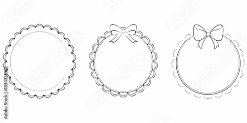 Set of three round frames with scalloped edges and bows line art
