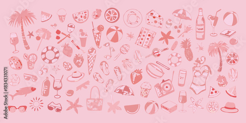 Pink summer vacation doodle pattern with palm trees and beach accessories