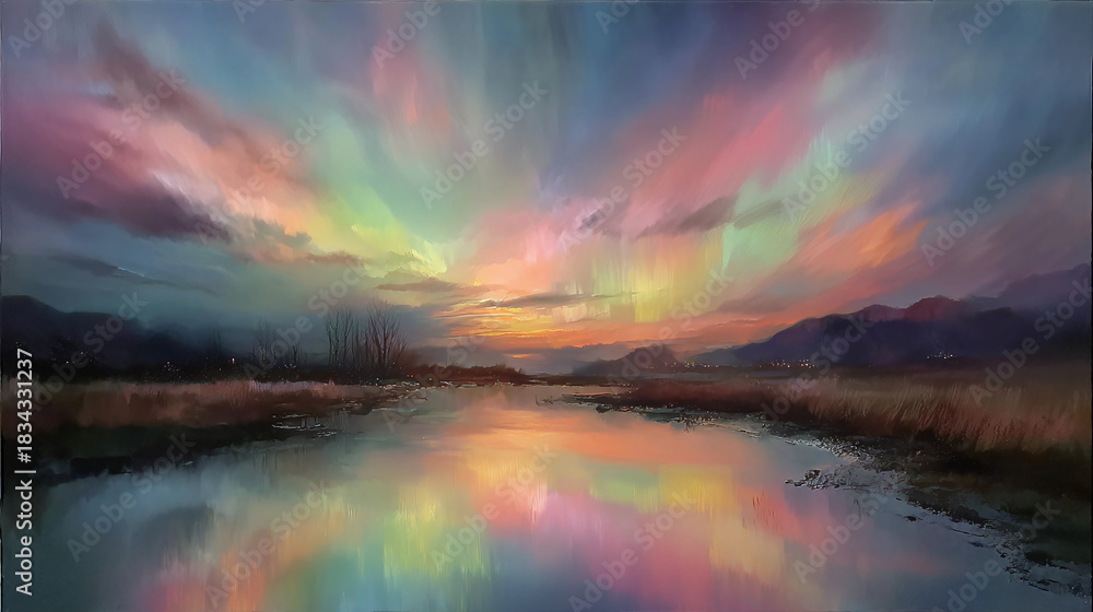 Fototapeta premium A breathtaking display of the aurora borealis mirroring in a serene lake at dusk. The vibrant colors of the sky illuminate the landscape, creating a magical atmosphere