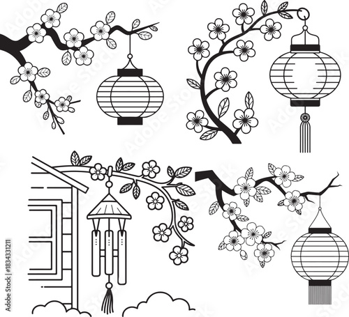 Hand-drawn lanterns and cherry blossom branches - minimalist line art