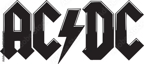 The classic black and white AC DC logo featuring a prominent lightning bolt symbol in the center.