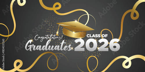 Elegant Gold Class of 2026 Graduation Banner with Ribbons and Cap Elements