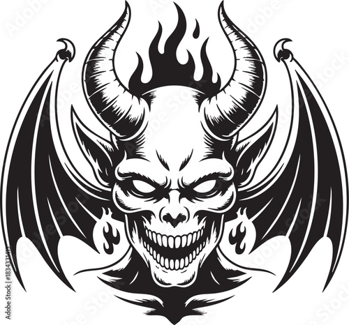 A black and white illustration of a terrifying demon skull with large horns, bat-like wings, and fiery flames erupting from its head.