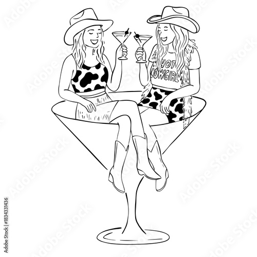 Cowgirl Martini Party Illustration – Western Bachelorette Line Art