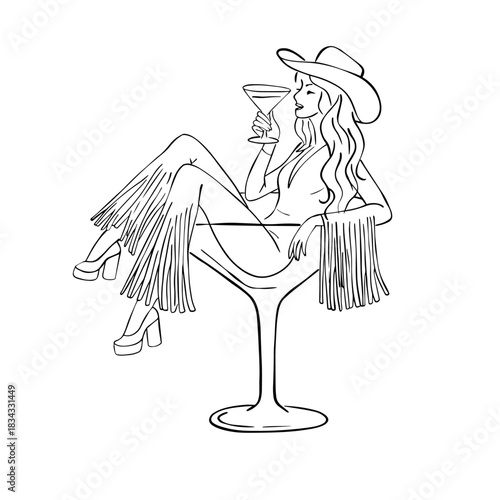 Cowgirl Martini Party Line Art • Western Glam Fashion Illustration