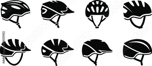 Collection of bicycle and sport helmet icons with vents and straps