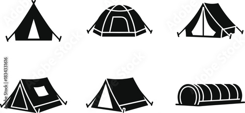 Various camping tents and shelter icons on white background