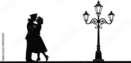 Silhouette of sailor kissing woman under streetlight