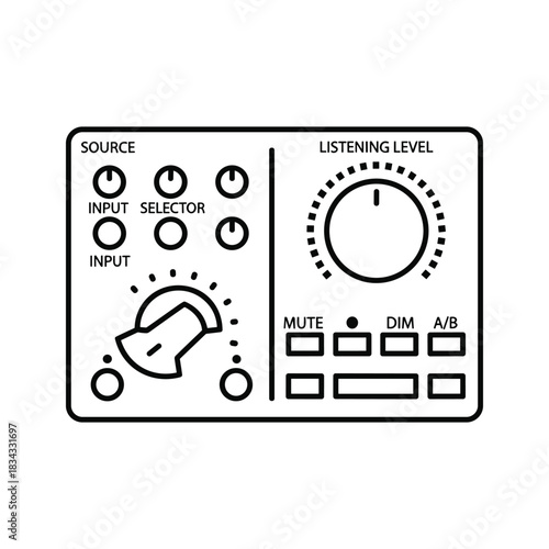 Studio Monitor Controller Line Art Icon - Audio Interface with Input Selection, Volume Knob, Mute, Dim & A/B Switches
