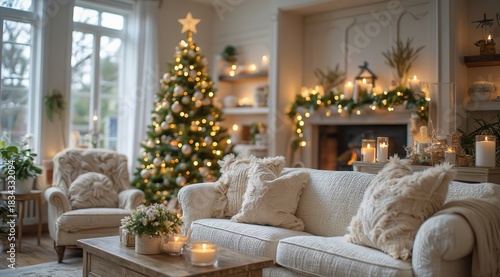 A cozy Christmas living room with decorative trees, candles, gifts and festive pillows on a textured white sofa