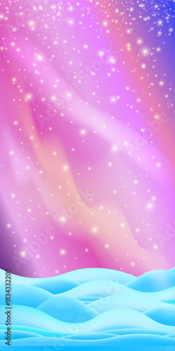 Realistic cartoon Chhristmas snow hills with falling snowflakes and northern lights vertical background. Winter vertical landscape design element with snow. north pole snowy fields and falling snow