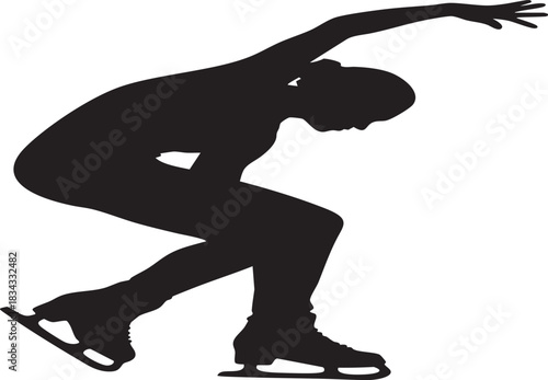 A black silhouette of a speed skater in a dynamic pose, leaning low while skating.