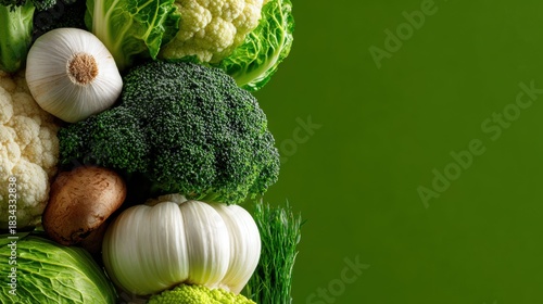 Tower of green vegetables including broccoli, cabbage, lime and herbs. Healty Veganuary concept