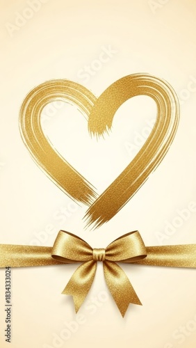 Golden heart with glittering ribbon on beige background for celebratory design