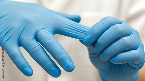 Close up of a person putting on blue disposable medical gloves.