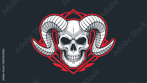 Skull with horns illustration on a dark background.