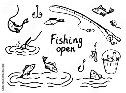 Opening fishing season set. Hand drawn doodle vector. Bait, lure, worm. Spinning rod, reel, hook, wobbler, float. Bucket caught fish. Summer hobby. Line art illustration. Collection elements.