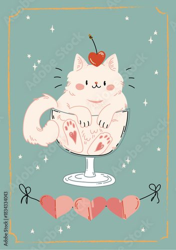 Cute and silly vector love cat card design for Valentine`s Day couple celebration