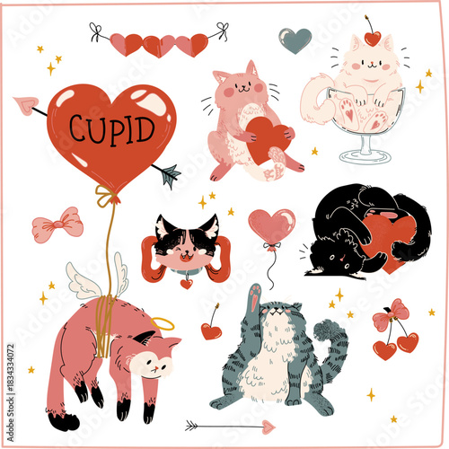 Vector hand drawn set of Love Cat Cupid, Valentine`s Day celebration, love pet 