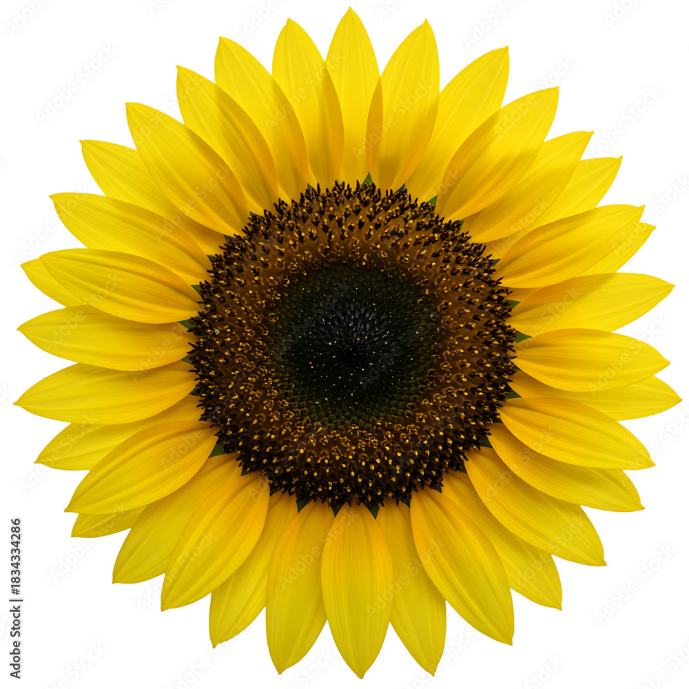 Fototapeta premium Isolated bright sunflower in full bloom on black background macro