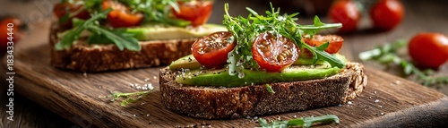 Hearty slices of dark bread topped with sliced avocado, halved small tomatoes, and fresh greens rest on a wooden cutting board