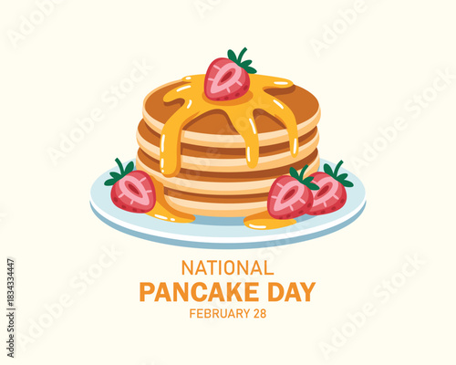 National Pancake Day vector. Fresh pancakes with strawberries and syrup icon vector. Pile of pancakes on a plate icon. Important day