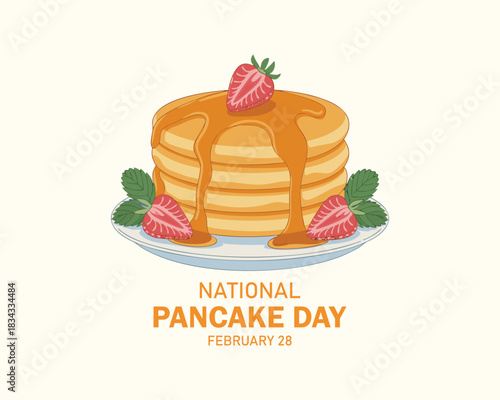 National Pancake Day vector. Fresh pancakes with strawberries and syrup icon vector. Pile of pancakes on a plate icon. Important day