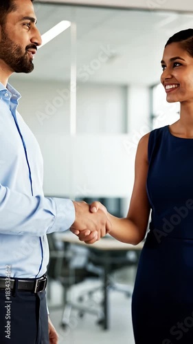 Diverse business professionals shaking hands in a modern office showing successful partnership and agreement representing a warm welcome and collaboration